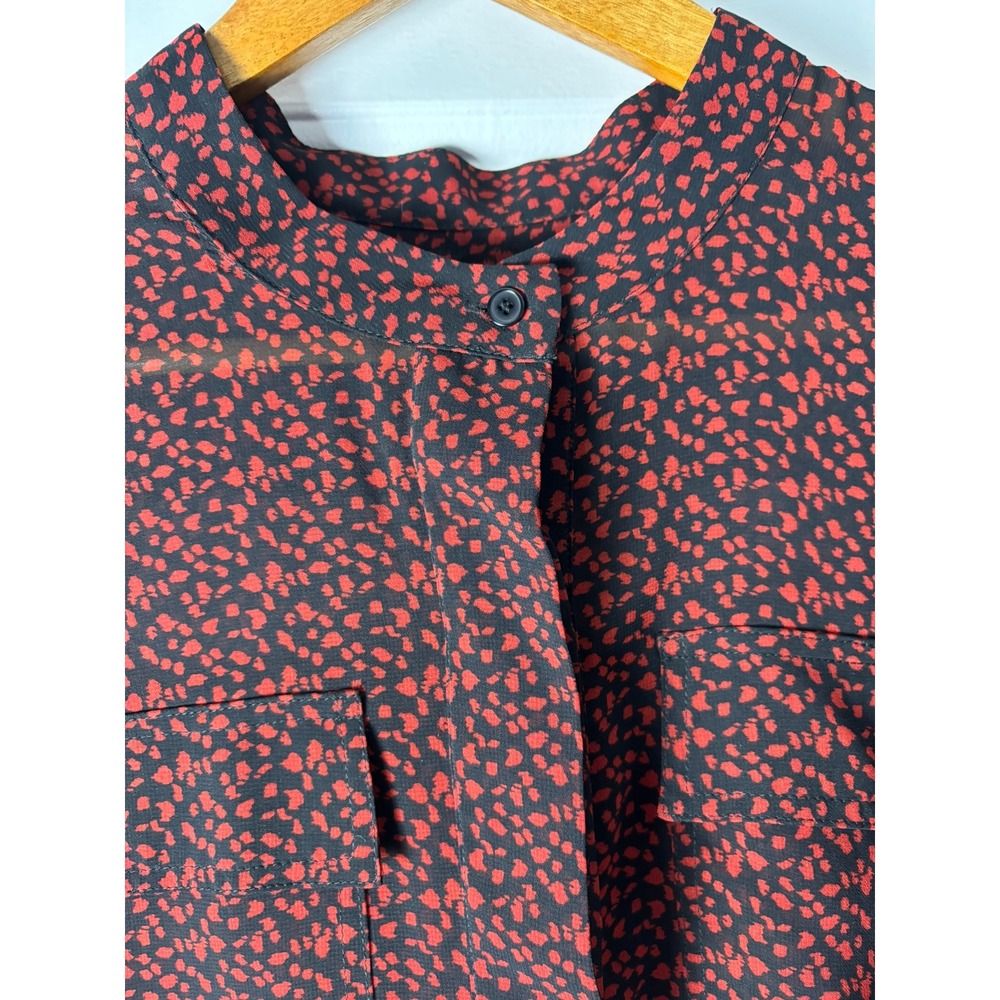 Talbots Blouse Women 6 Red Black Abstract Print Mandarin Collar High Low Career